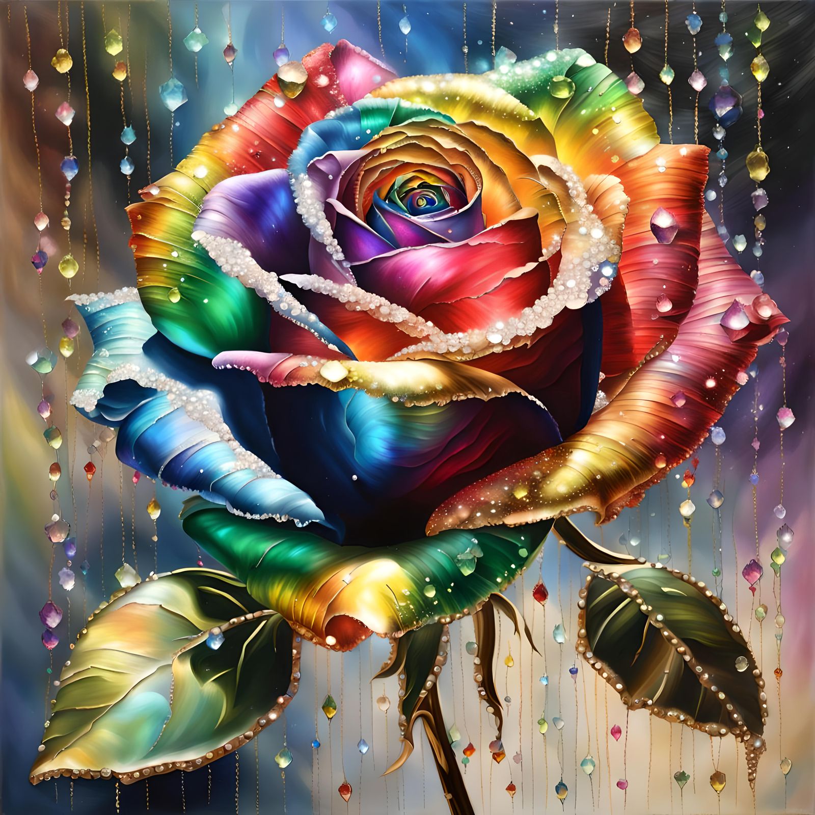 Bejeweled Rainbow Rose in Oil Painting Style