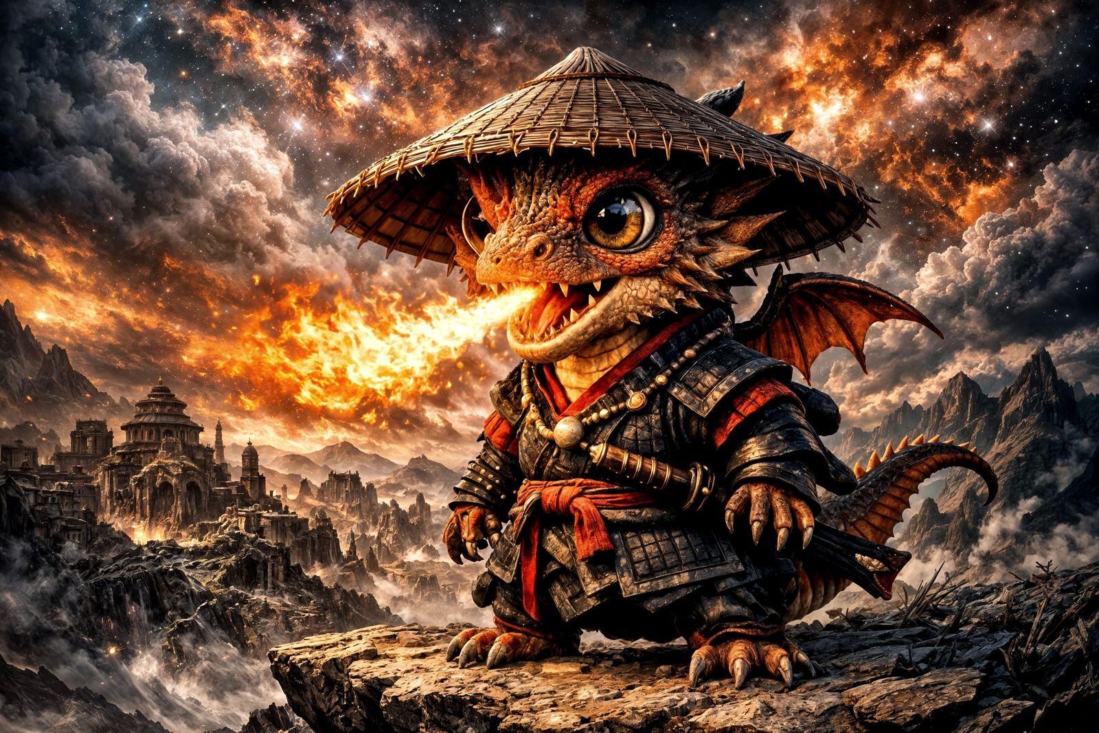 Cute Dragon Warrior on Windswept Cliff