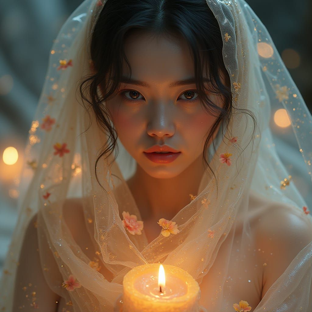 Surreal Goddess in Cosmic Silk with Translucent Skin