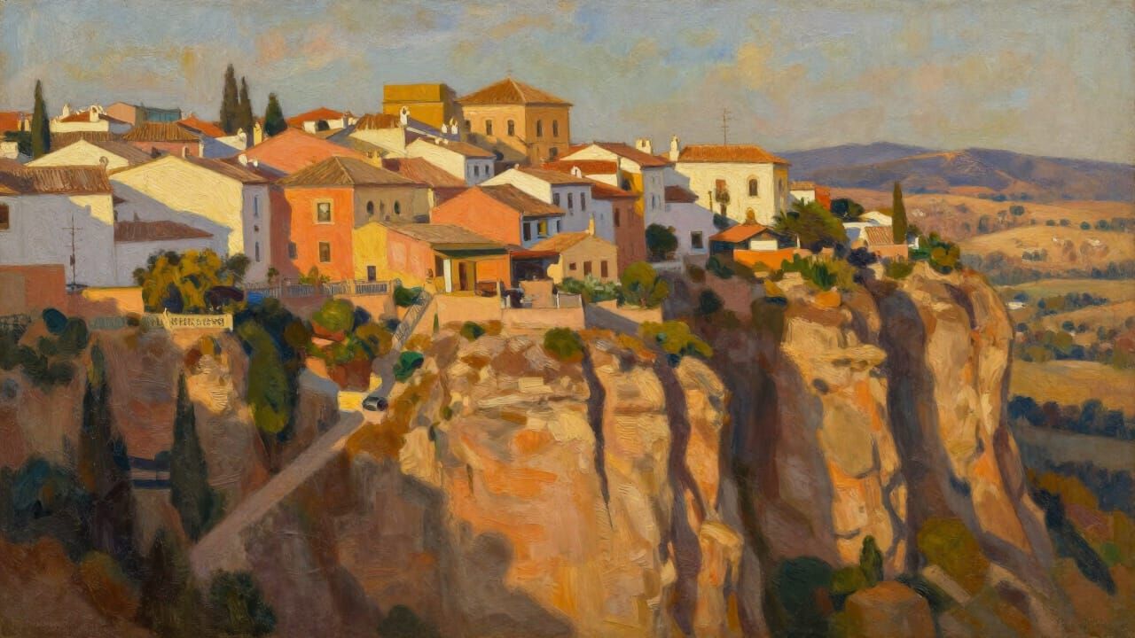 Oil Painting of Ronda, Spain at Golden Hour