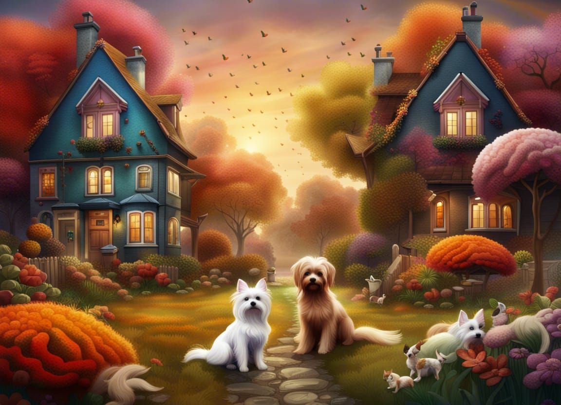 Spring and Autumn Houses with Dogs, Detailed Matte Painting
