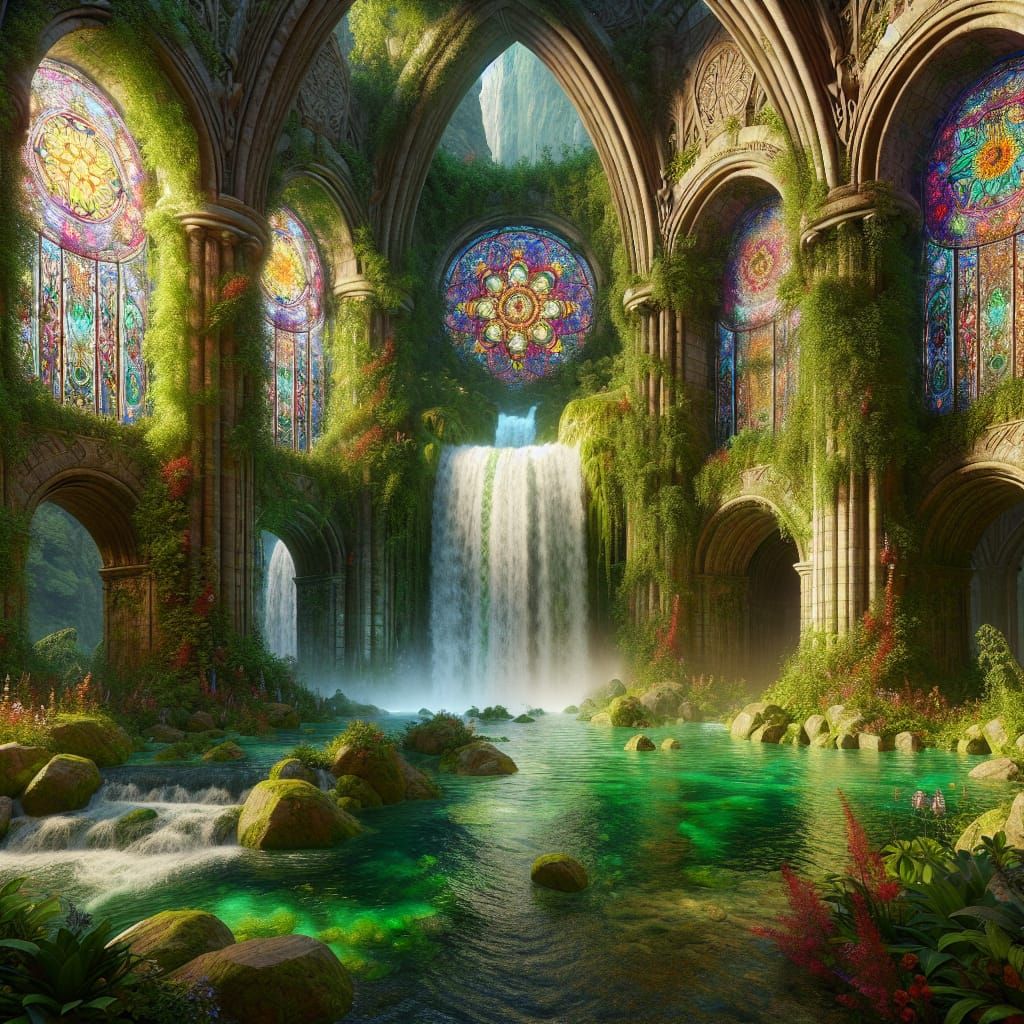 Mystical Waterfall Oasis with Stained Glass Arches