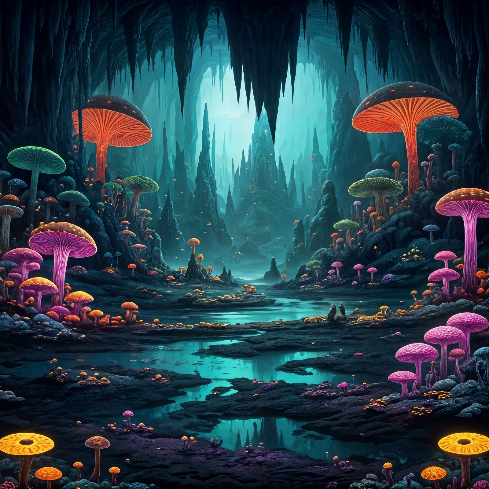 Glowing Mushrooms Illuminate Subterranean Swamp