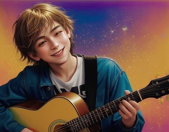 Young Boy Playing Guitar with Spectral Aura: Oil Painting