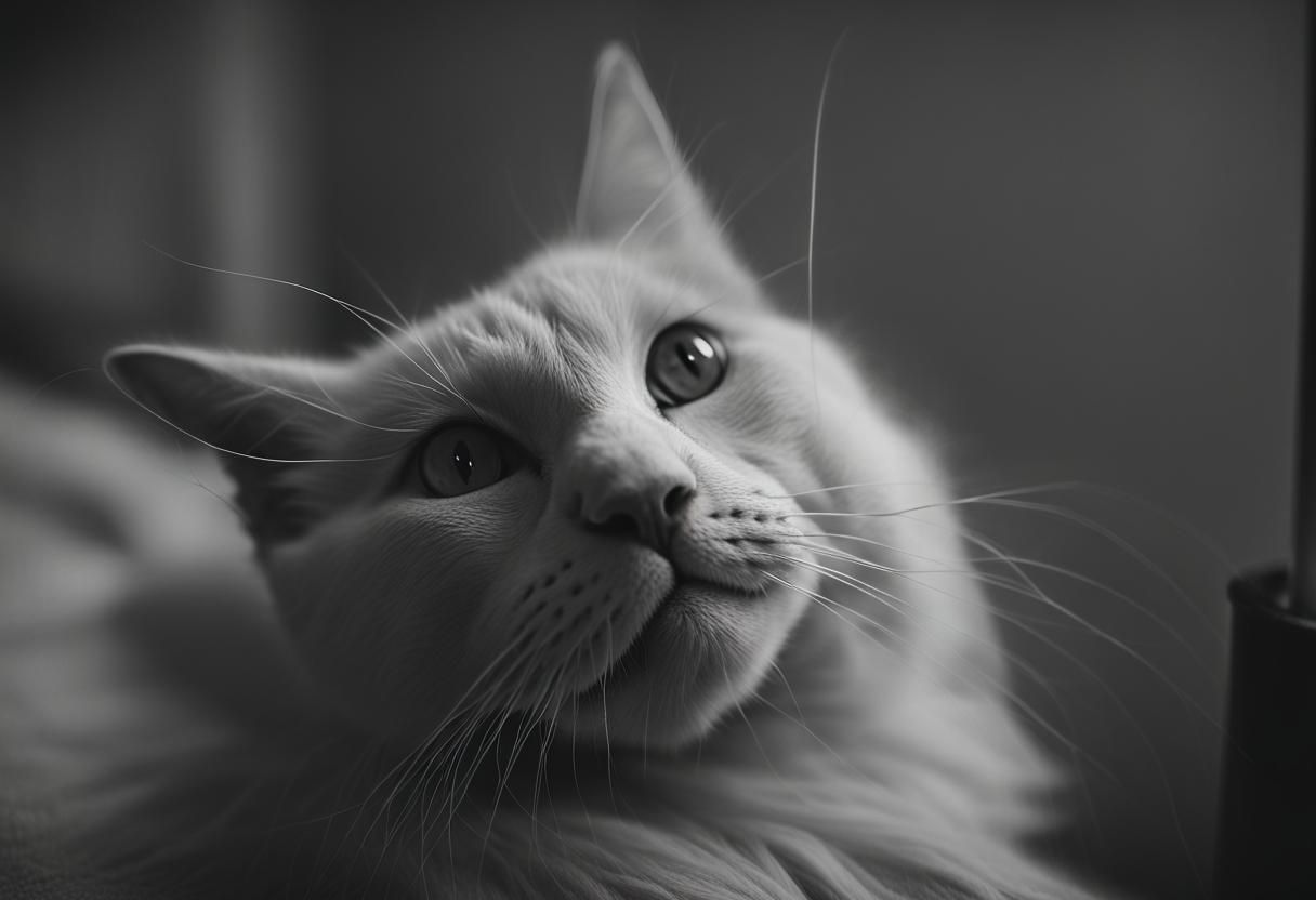 Smug White Cat in Gloomy Office Portrait