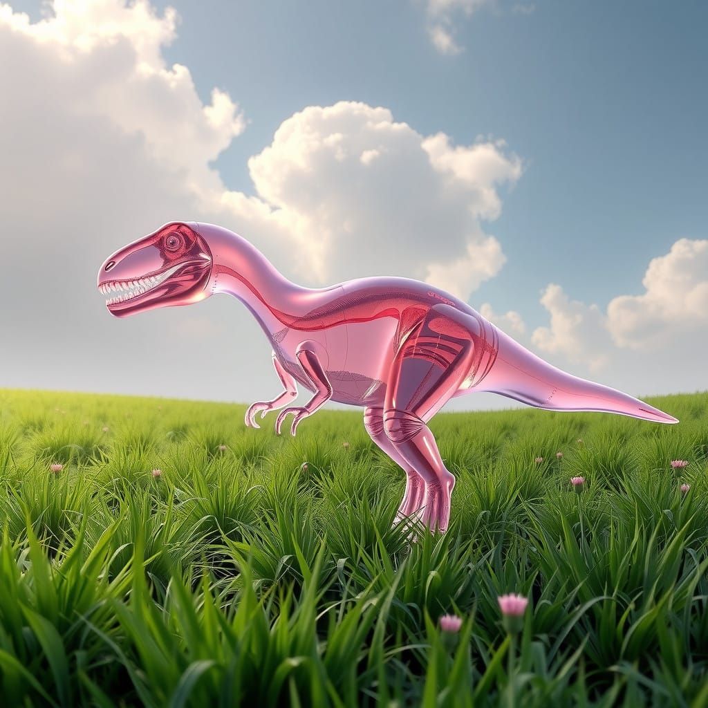 Delicate Pink Glass Tyrannosaurus in a Serene, Vibrant Meado...
