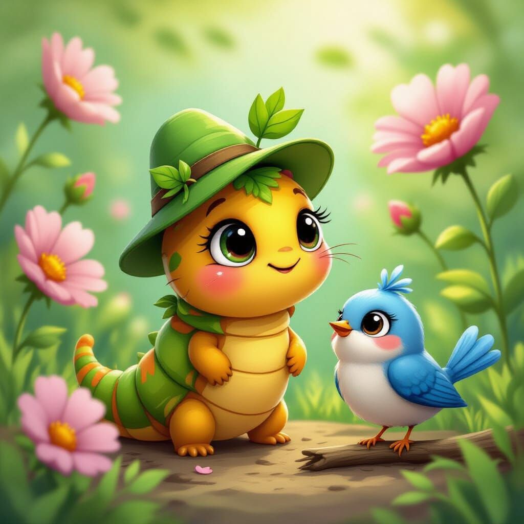 Whimsical Caterpillar Transformation in Vibrant Illustration