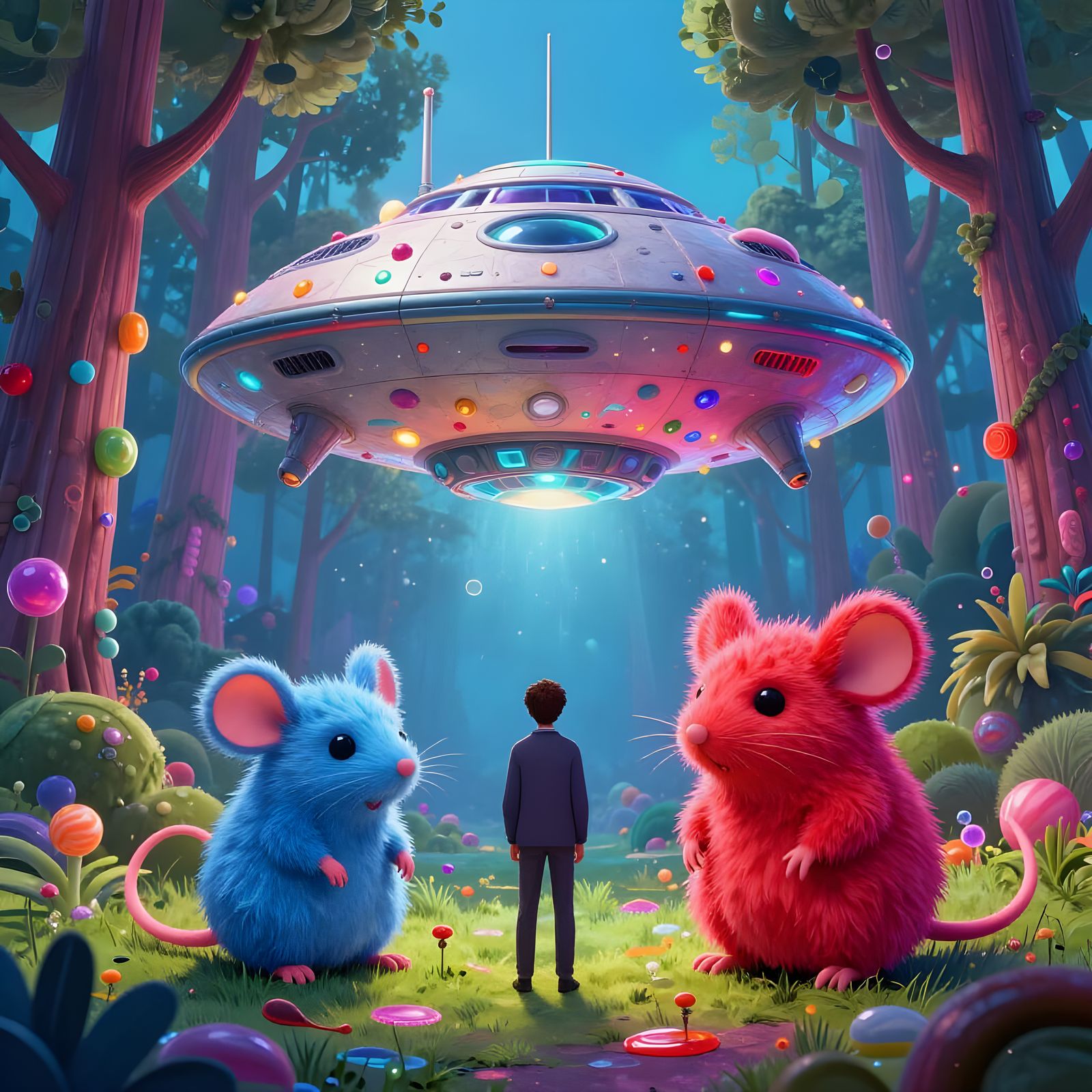 Whimsical Alien Spaceship Landing in Colorful Forest