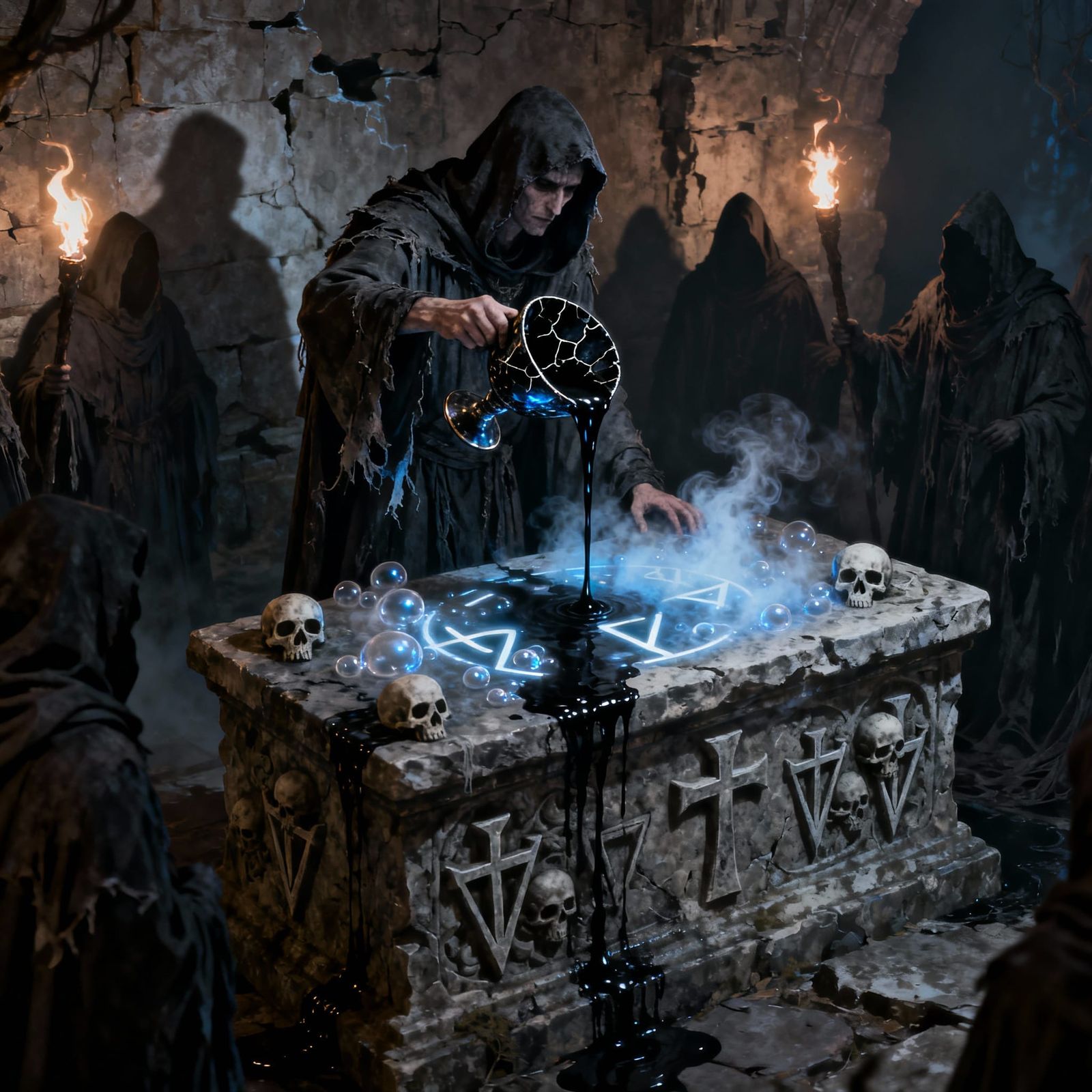 Sinister Ritualistic Anointing in Dark Fantasy Art