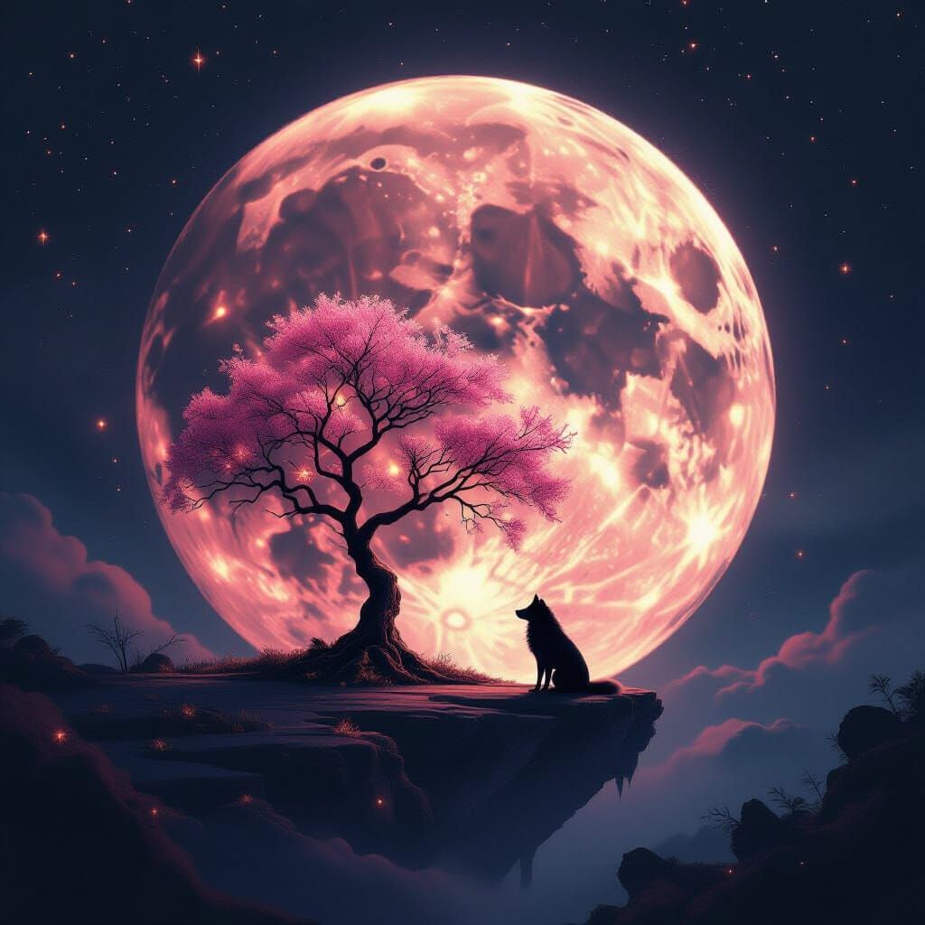 Surreal Moonscape With Luminous Tree And Wolf