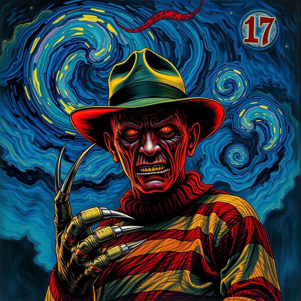 Surreal Nightmare: Freddy Krueger in Van Gogh Sky