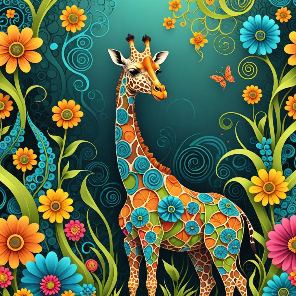 Abstract Giraffe with Flowers in Vivid Psychedelic Style