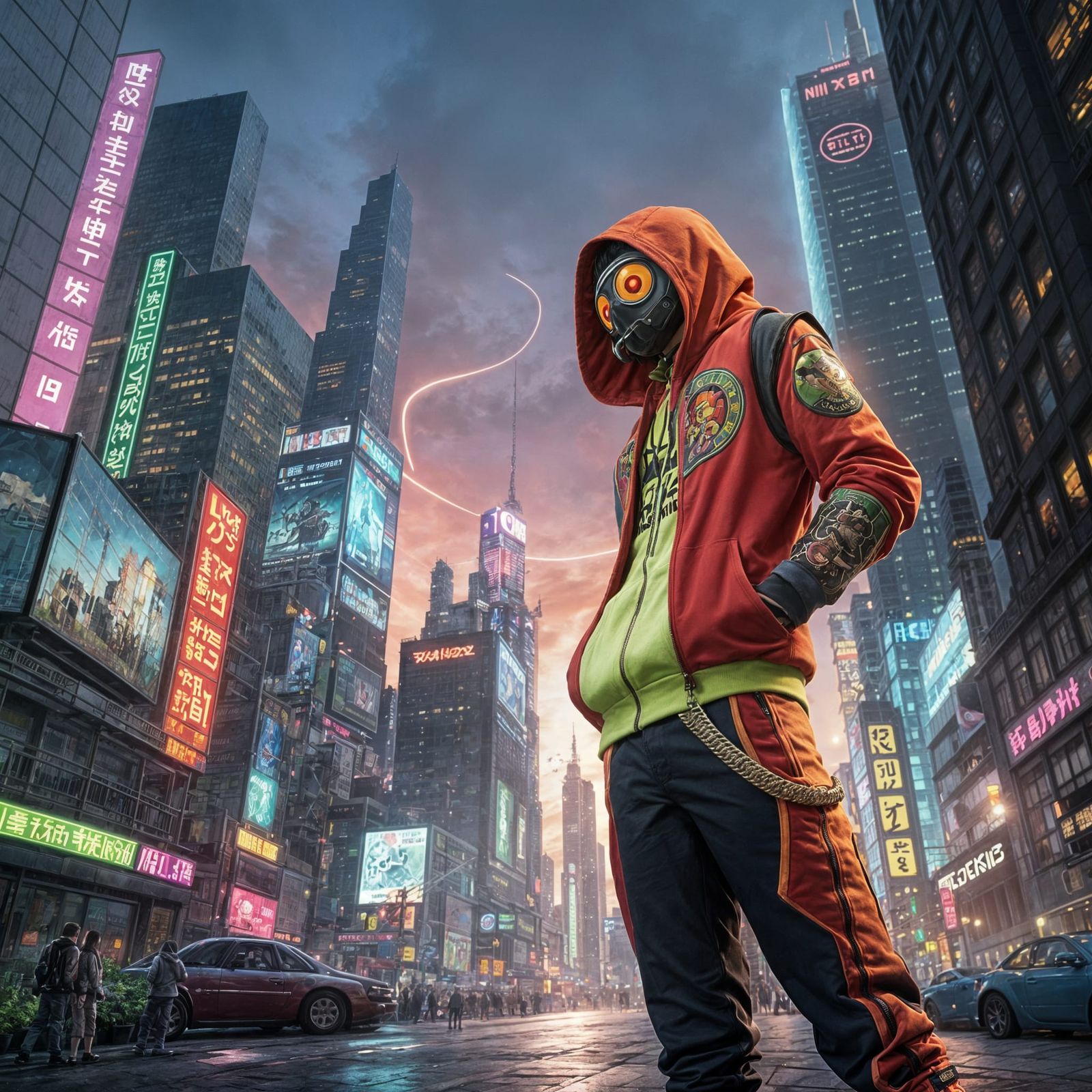 Cyberpunk Cartoon Character in Neon Cityscape