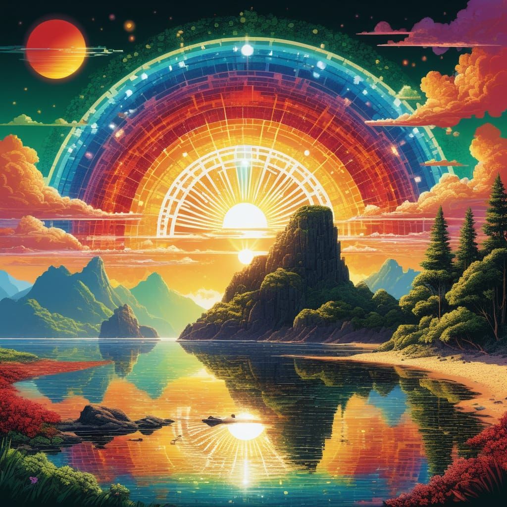 Surreal Pixel Art Beach Scene with Golden Solar Disk