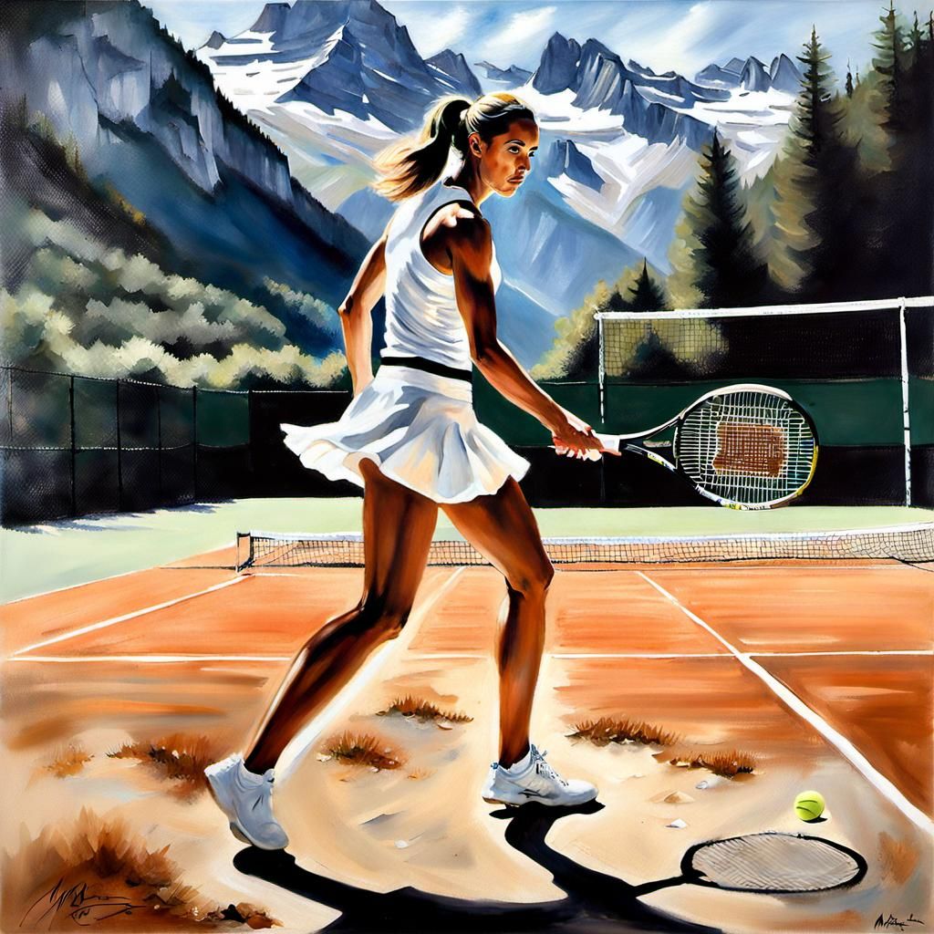 Tennis Girl in the Alps: Airbrush Painting