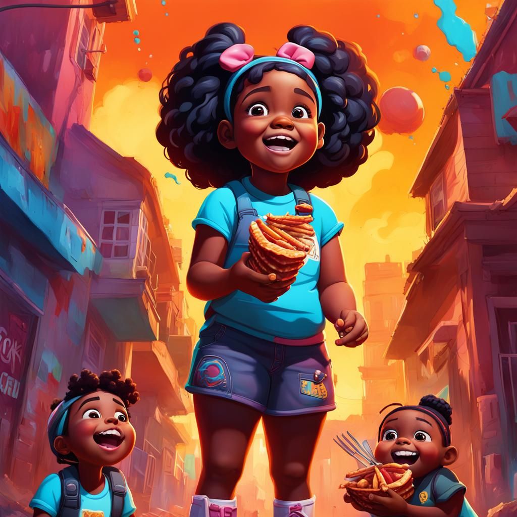 Colorful Graffiti Art: Girl Eating Ribs with Cousin