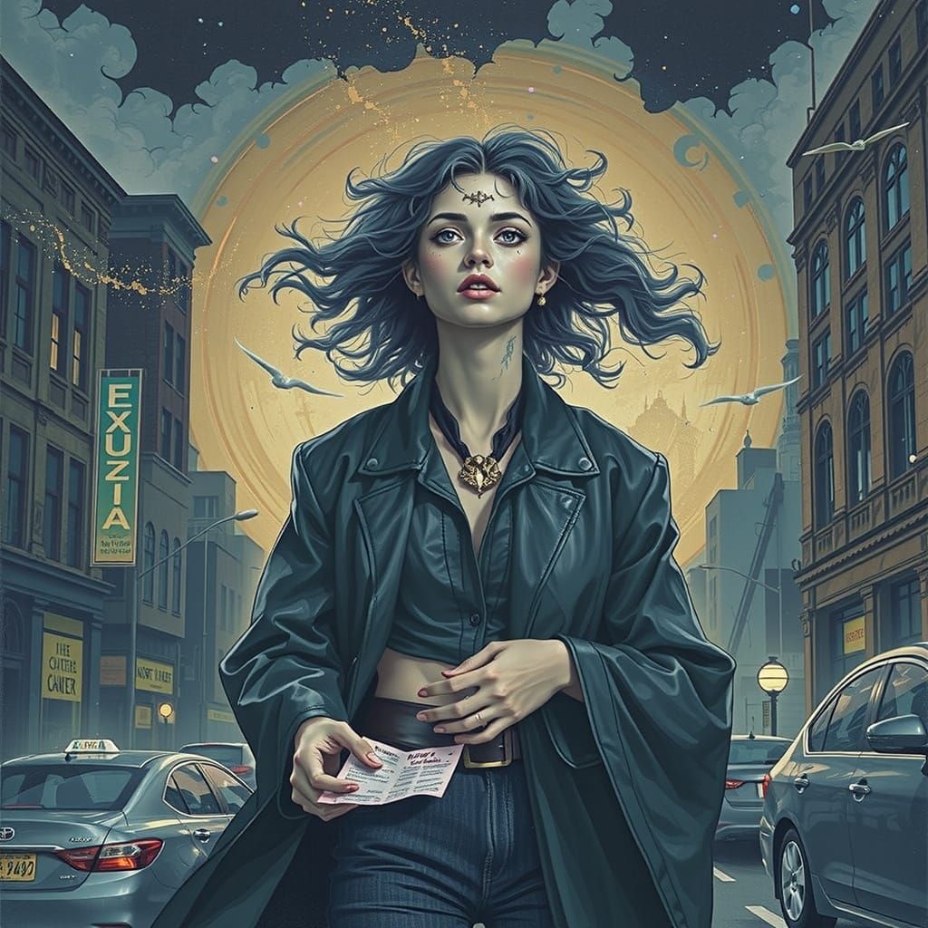 Surreal Cityscape with Teenage Nemesis Amidst Traffic Jam