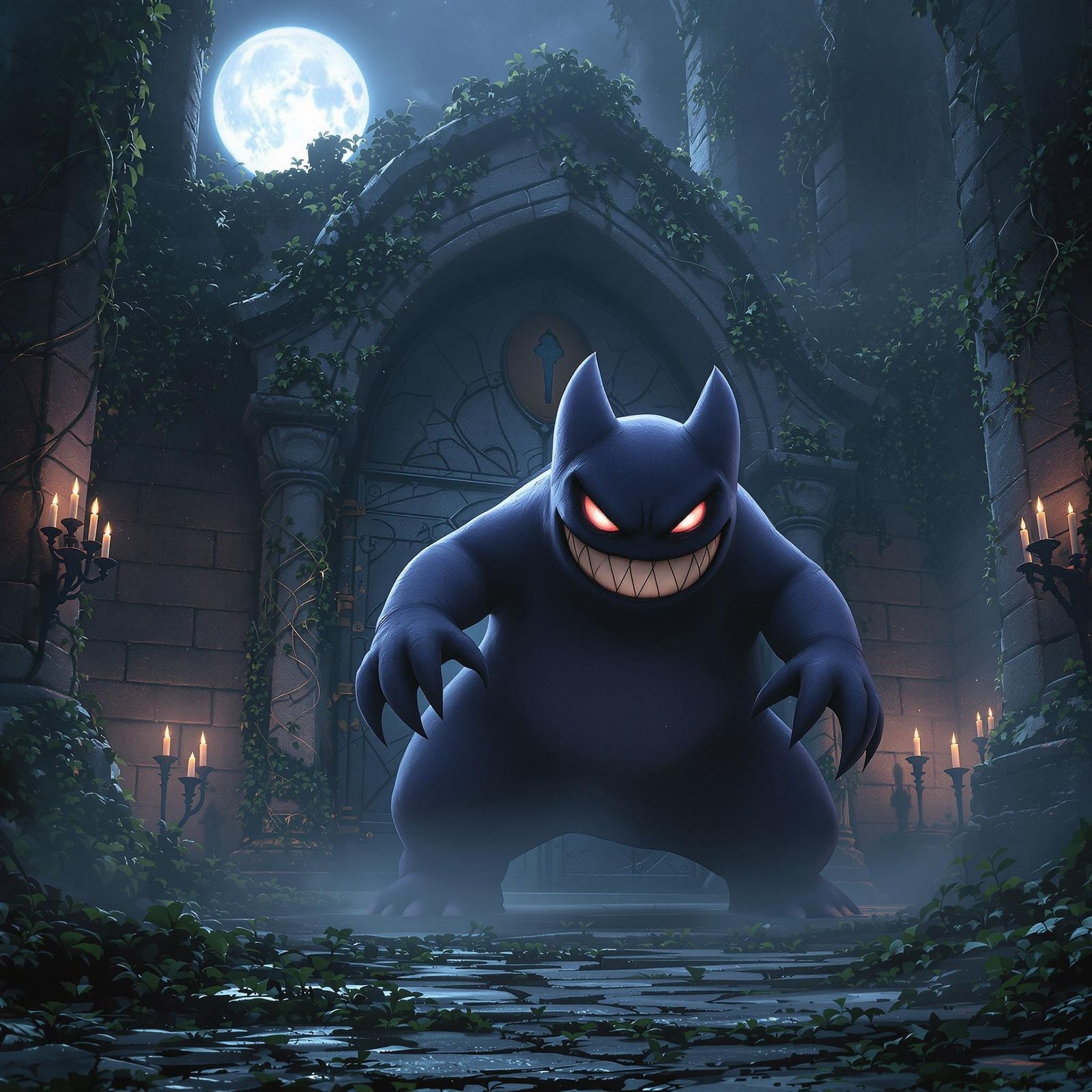 Ghostly Pokémon Amidst Haunting Church Ruins in Anime-Inspir...