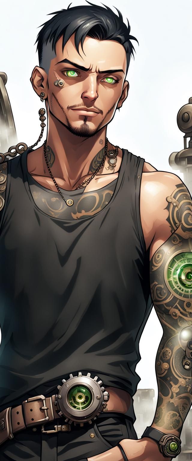 Steampunk Hero with Green Eyes and Tattoos