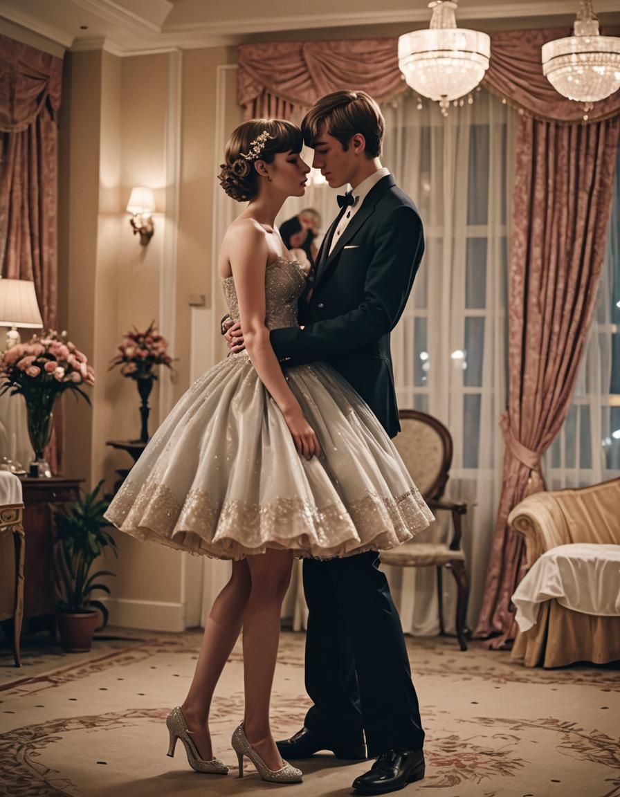 Crossdressed Figure in Glittering Prom Dress Kissing