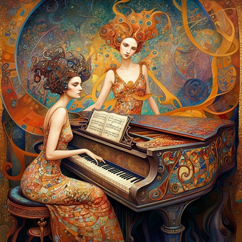 Dreamlike Piano Scene in Art Nouveau Style