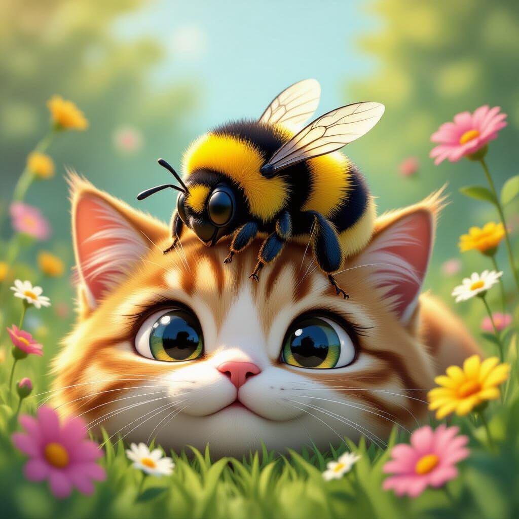 Giant Bumblebee Naps on Surprised Cat: Cartoon 3D Art