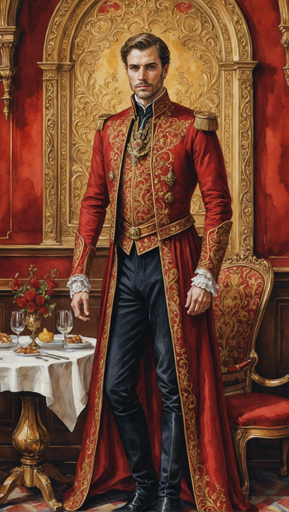 Crimson Baron in Extravagant Watercolor Setting