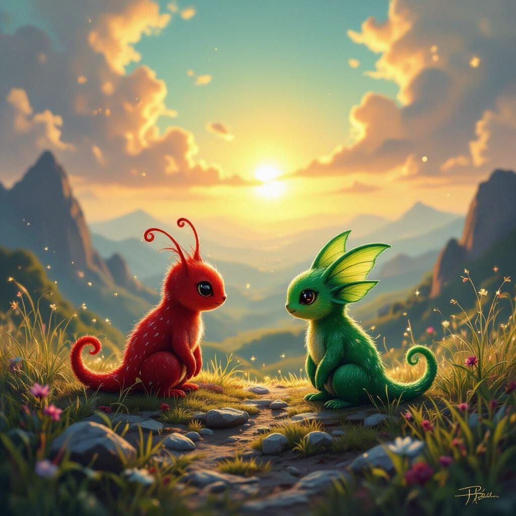 Tiny Ruby and Emerald Creatures Meet in Glittering Landscape