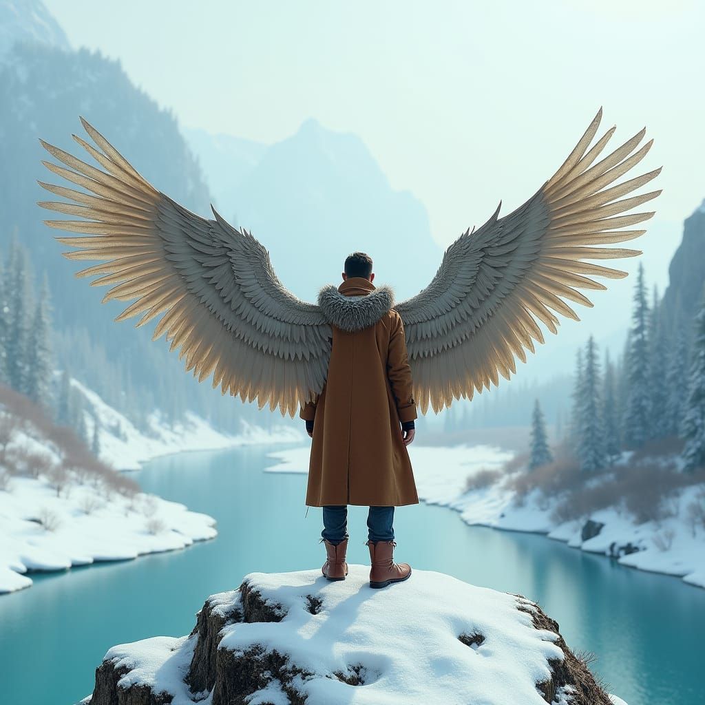 Winged Man Surveys Winter Landscape, Cinematic Style
