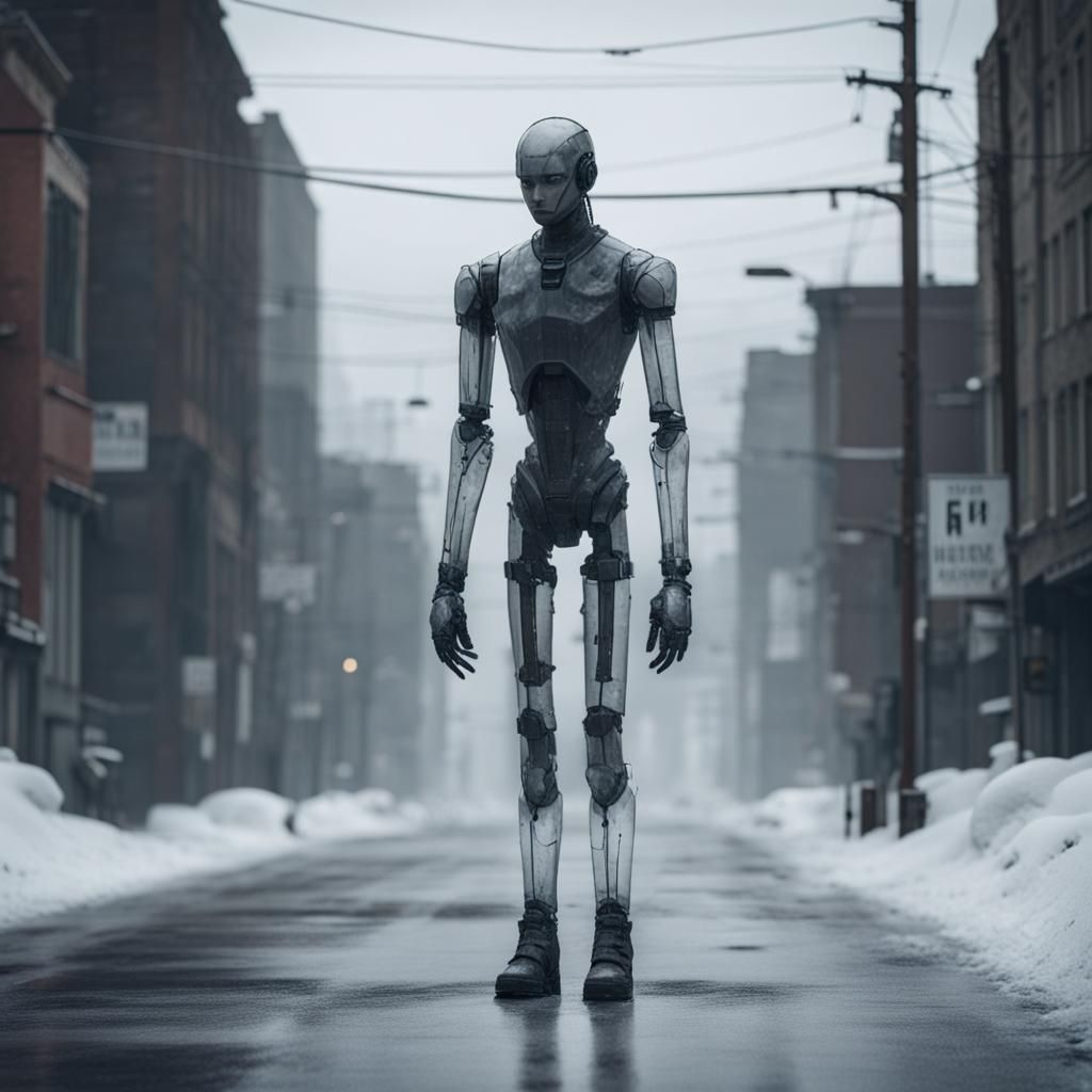 Transparent Humanoid in Dystopian Snowscape