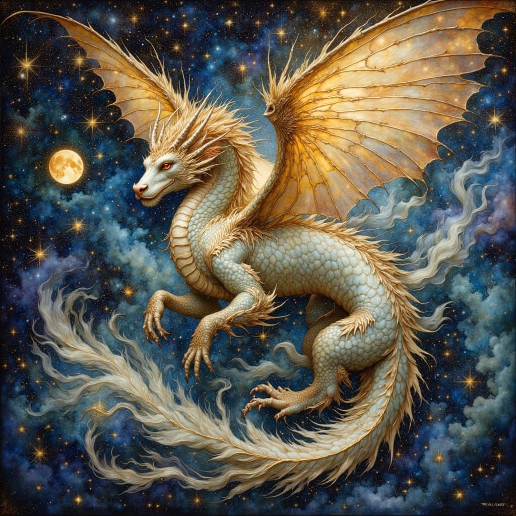 Celestial Dragon Soaring in Art Nouveau Style