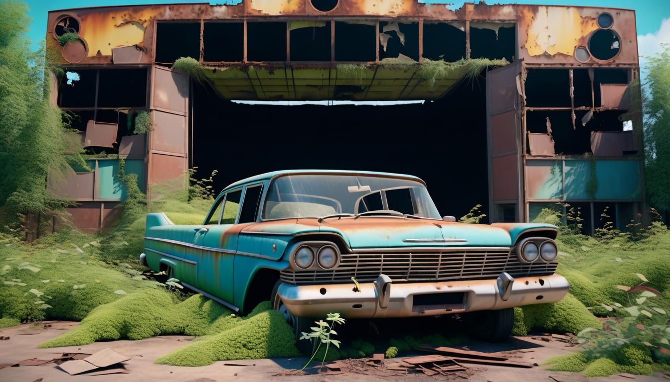 Abandoned Drive-In Cinema with Classic Car, Hyperrealistic A...