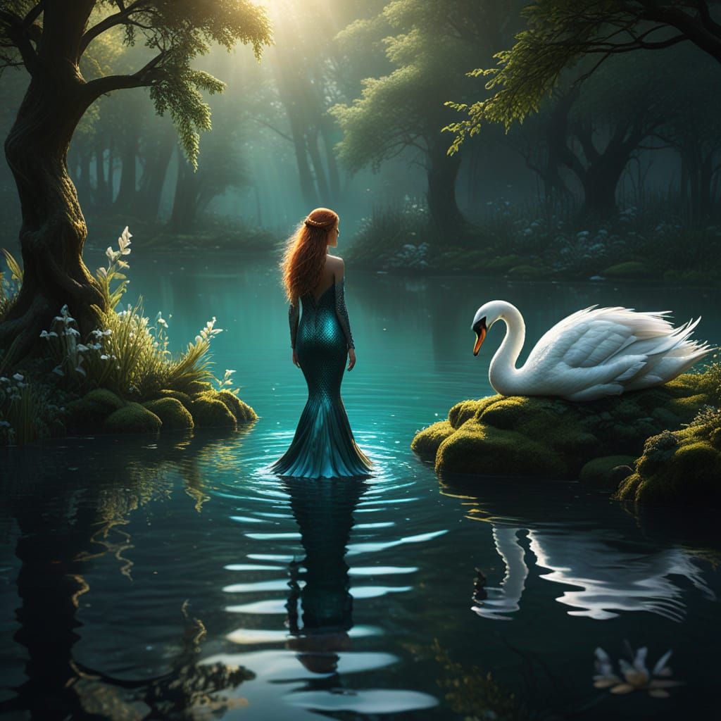 Mermaid and Swan in Mystical Lake: Oil Painting