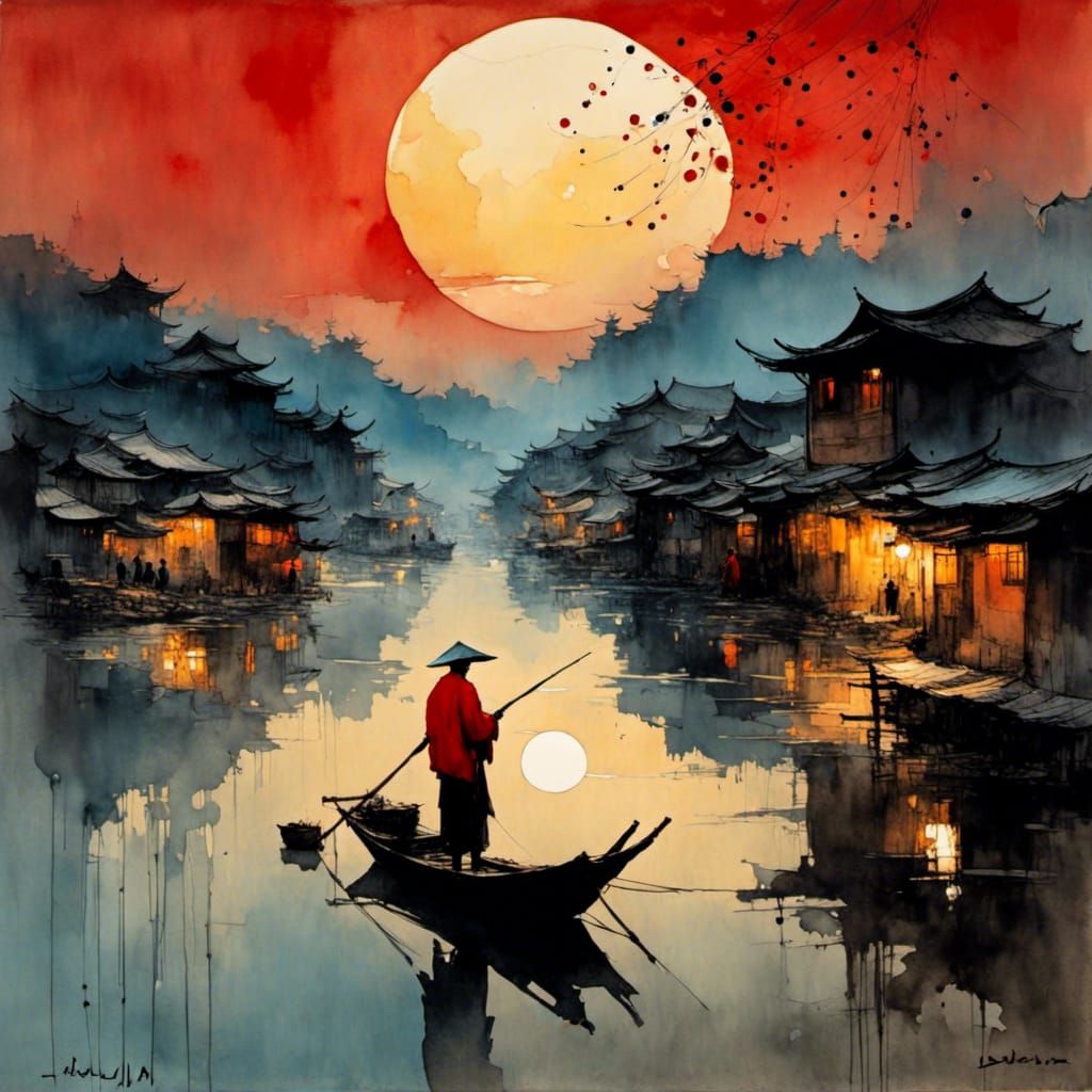 Guizhou Fisherman Under Twilight Moon