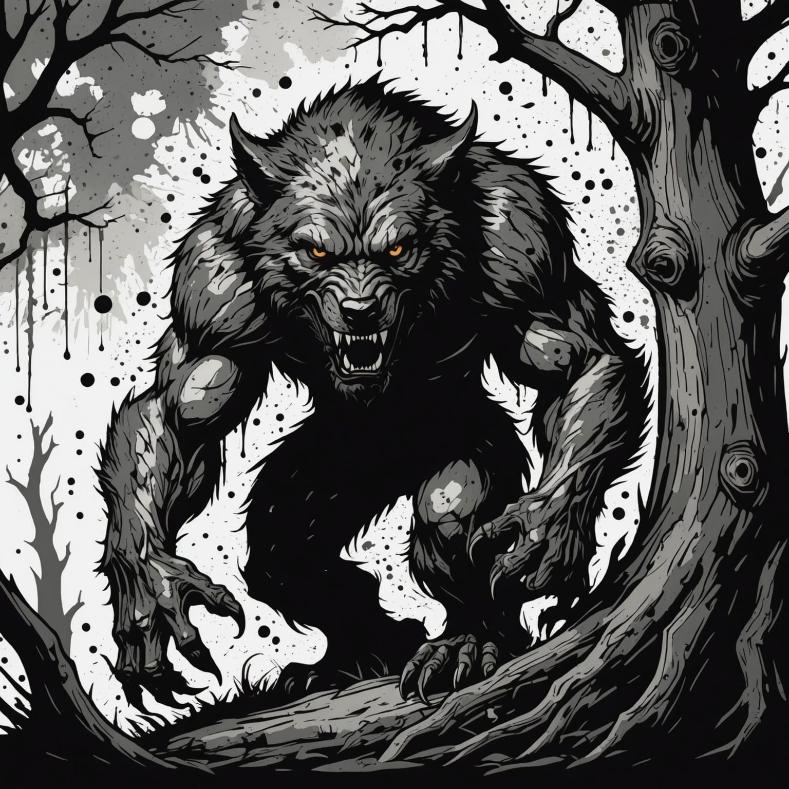 Werewolf Hiding in Ink Splatter Style
