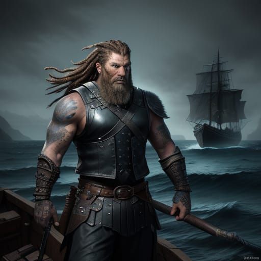 Gigantic Viking Warrior in Epic Moonlit Scene