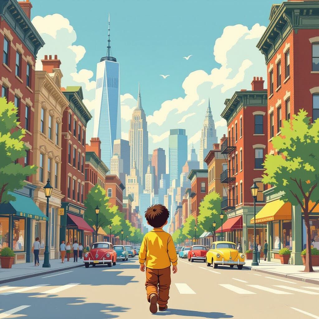 Boy Walks Down City Street with Historic Buildings