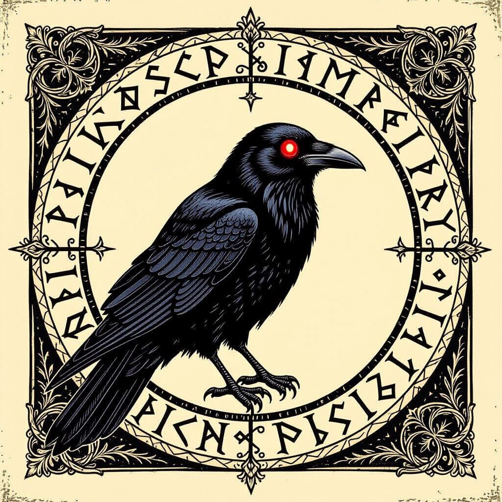 Gothic Crow with Glowing Red Eye in Runic Circle