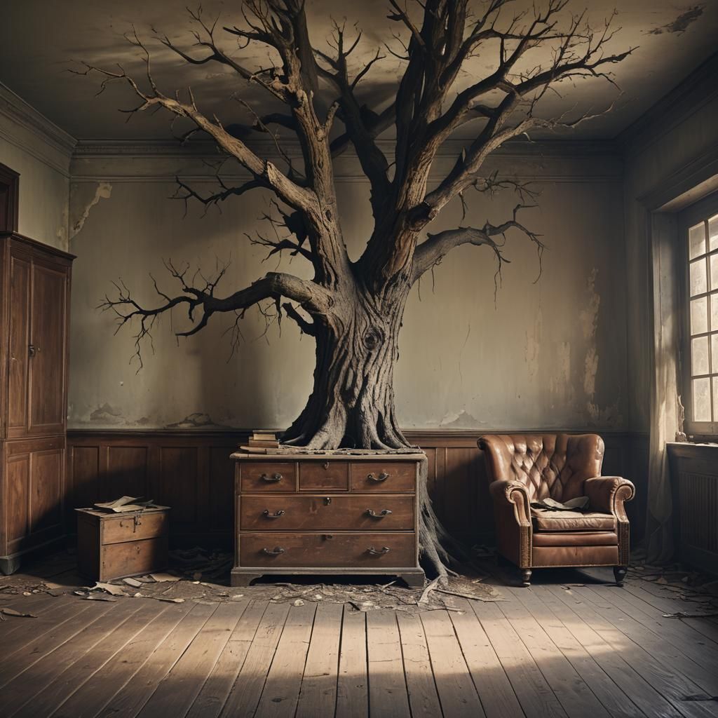 Eerie Abandoned Room with Tree, Atmospheric Concept Art