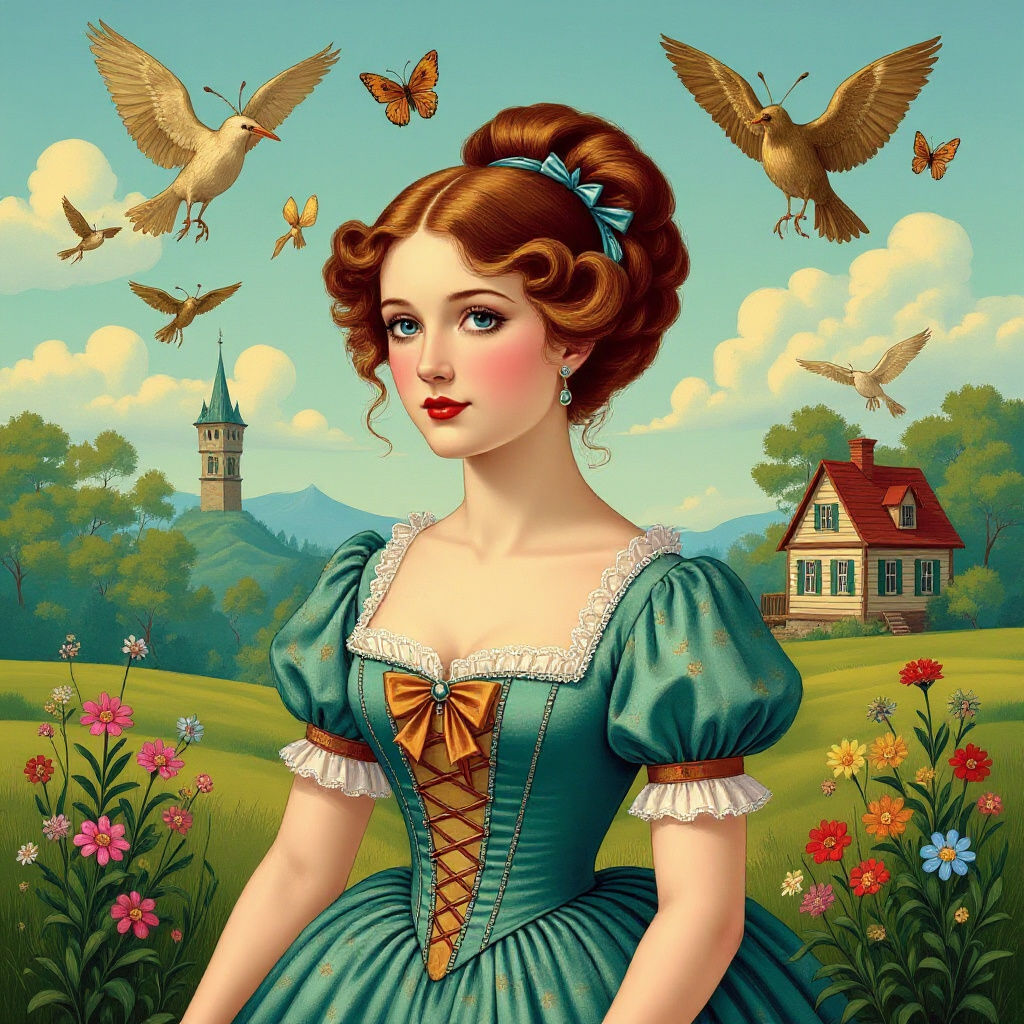 19th Century Woman in Naïve Surrealist Fairytale Illustratio...