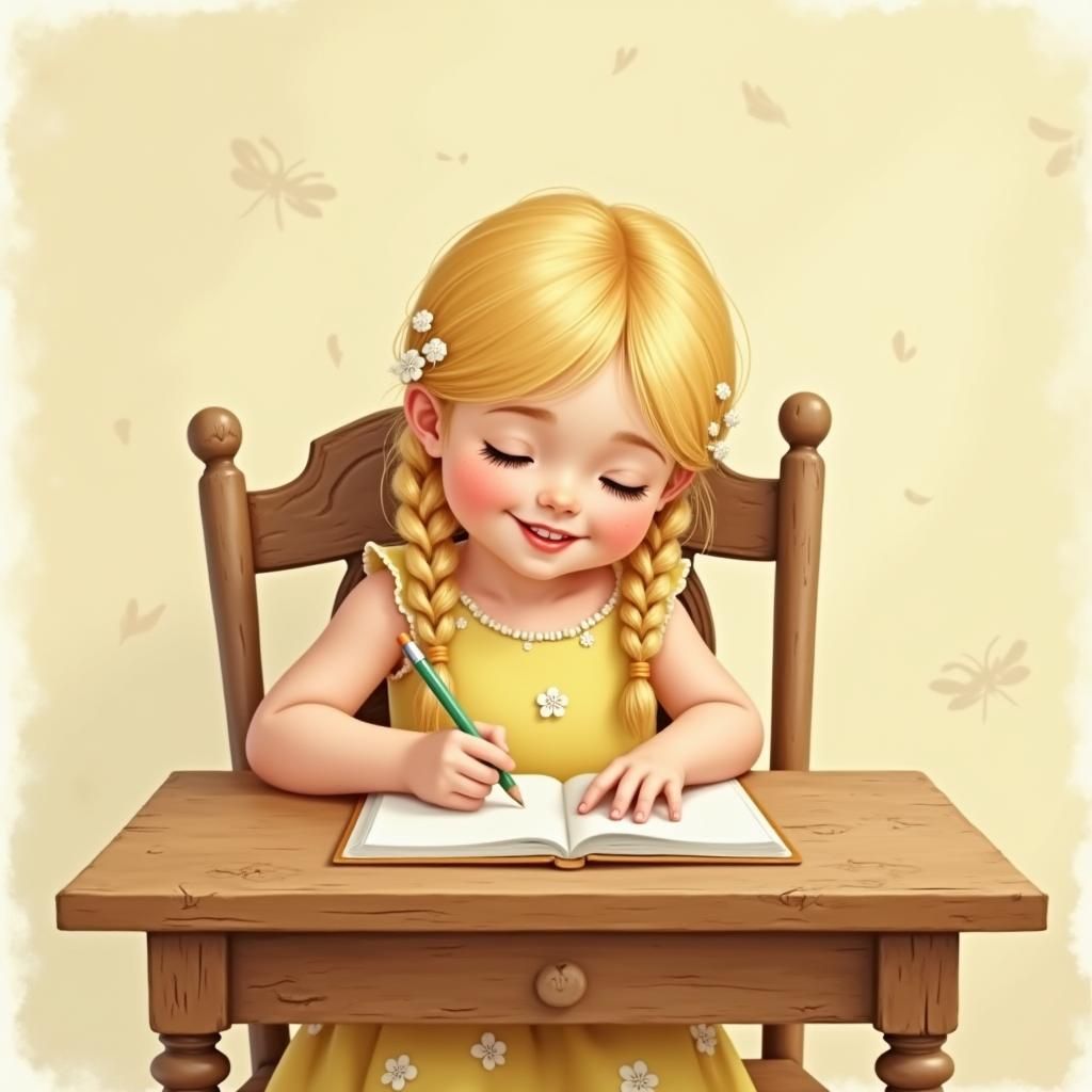 Blonde Girl Writing: Delicate Pastel Folk Art