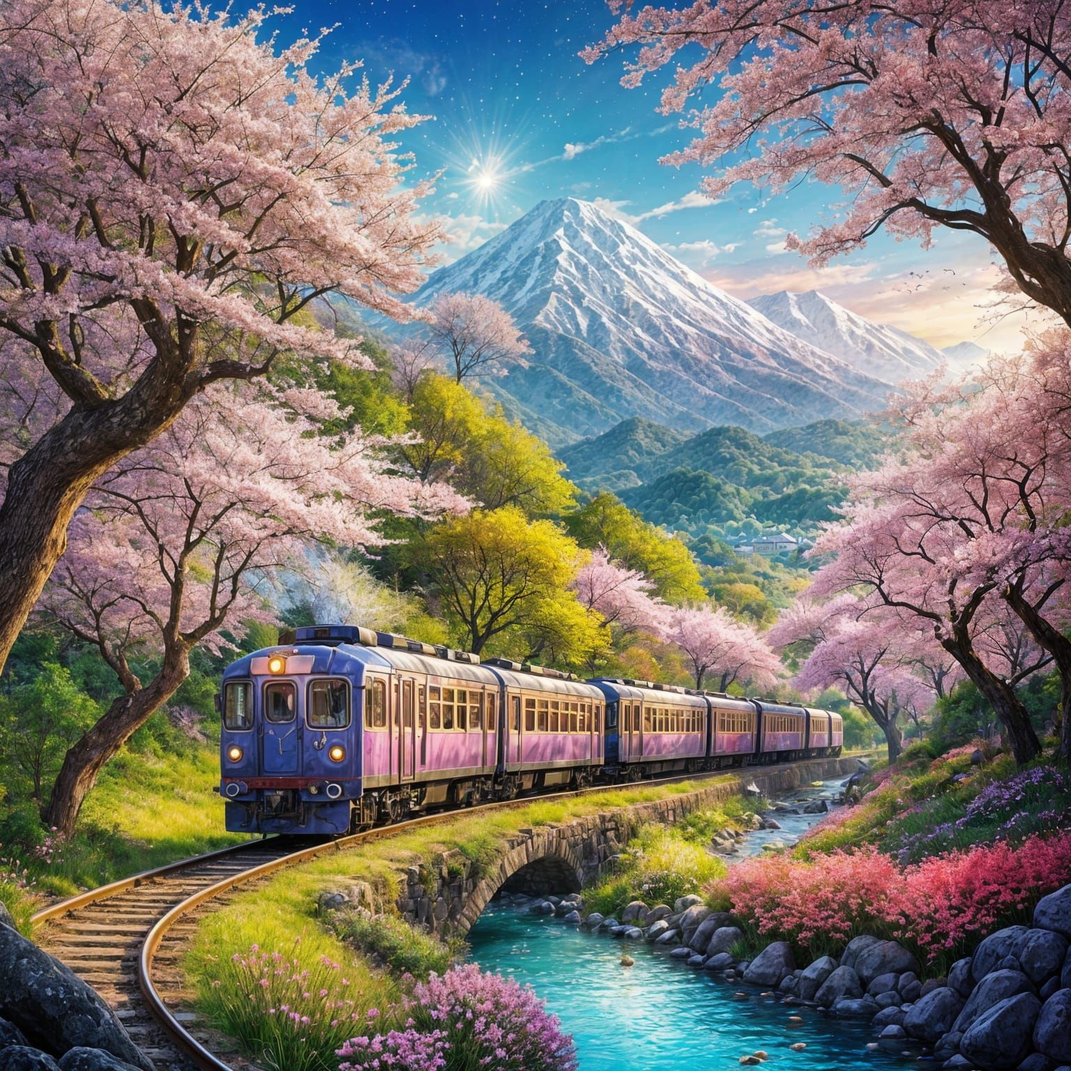Whimsical Fantasy Train Amidst Cherry Blossoms