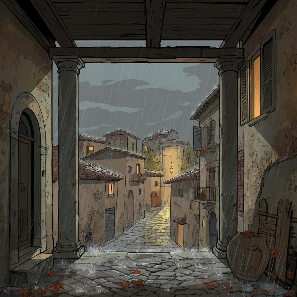 Rainy Italian Villa Scene in Comic Book Art Style