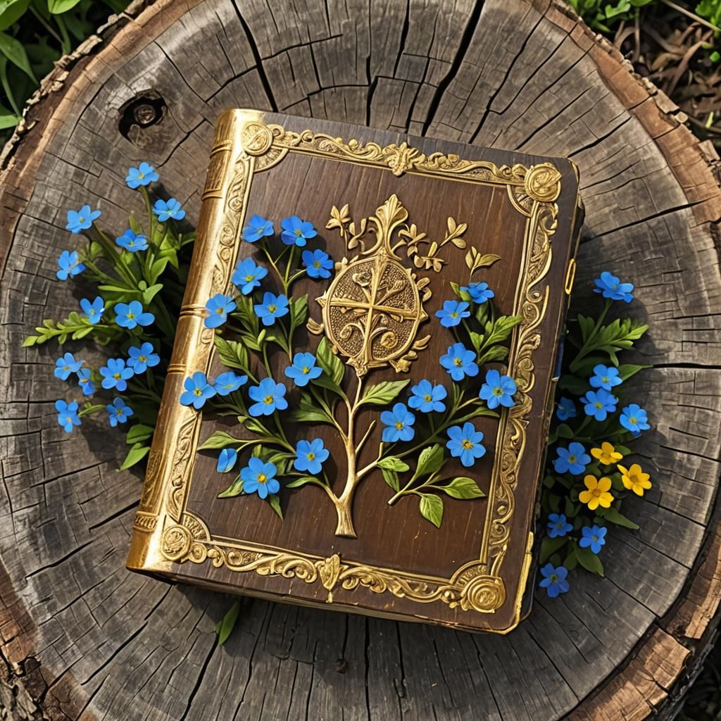 Antique Bible with Flowers on Tree Stump