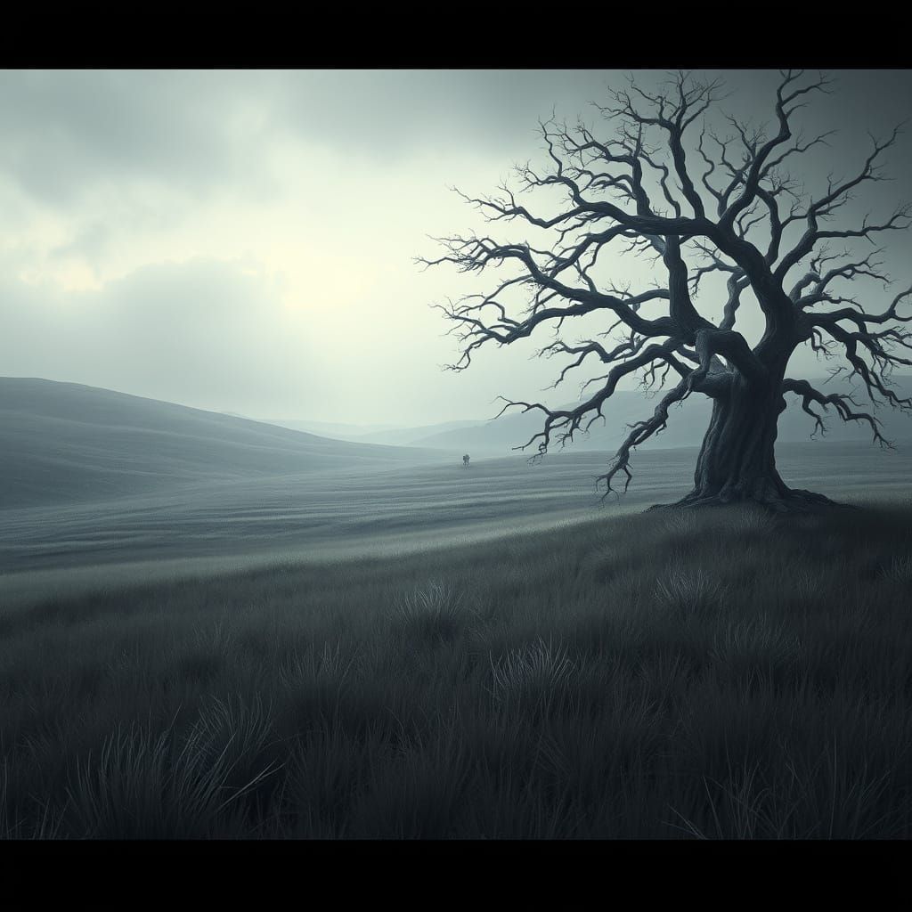 Ethereal Grey Landscape with Ancient Tree and Mysterious Cre...