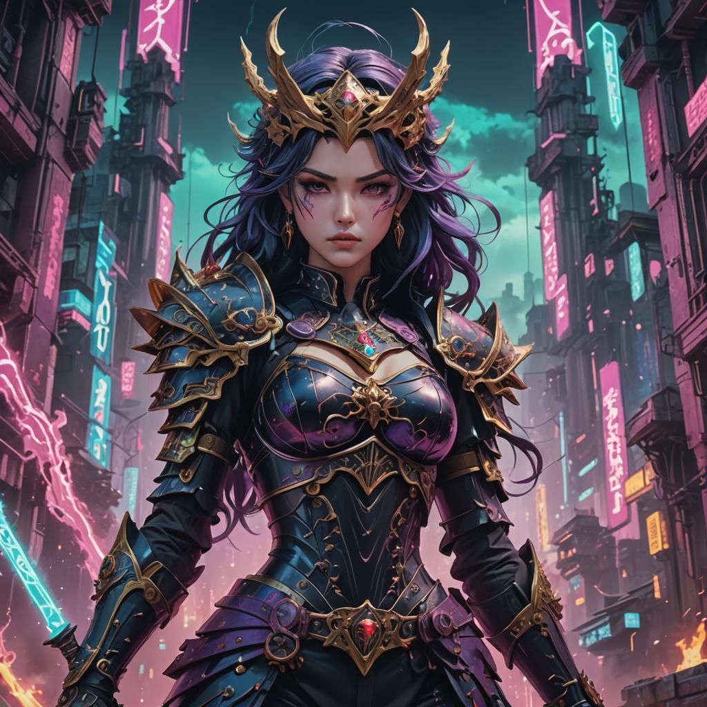 Gothic Vaporwave Anime Warrior Woman in Detailed Matte Paint...