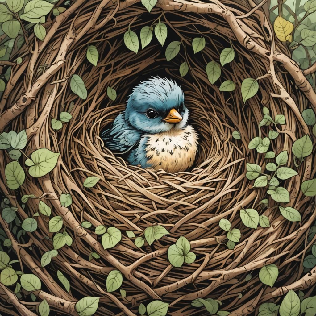 Chibi Baby Bird Ink Illustration