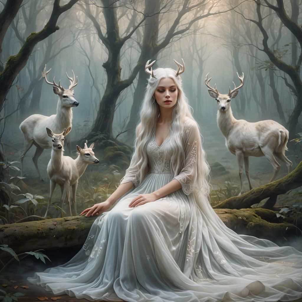 Ethereal Woman with White Deer in Misty Forest