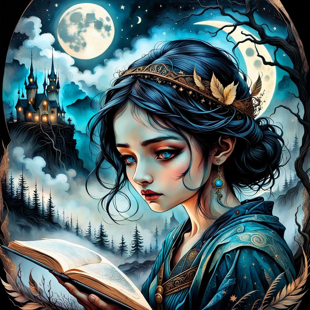 White Dragon and Celestial Eclipse, Watercolor Art