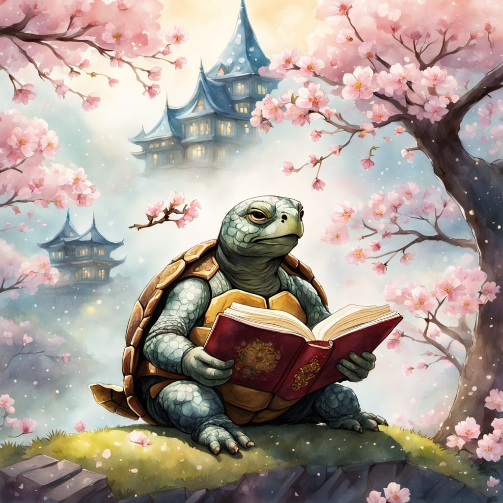 Surreal Fantasy Scene with Wizard Turtle in Cherry Blossom G...